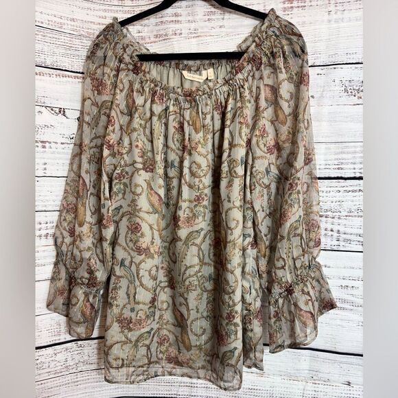 Soft Surroundings Top Womens Aitana  Baroque Peasant Print Sheer Chiffon Blouse - Picture 2 of 11